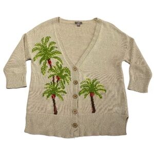 J. Jill Tan and Green Cardigan with Palm Tree Design